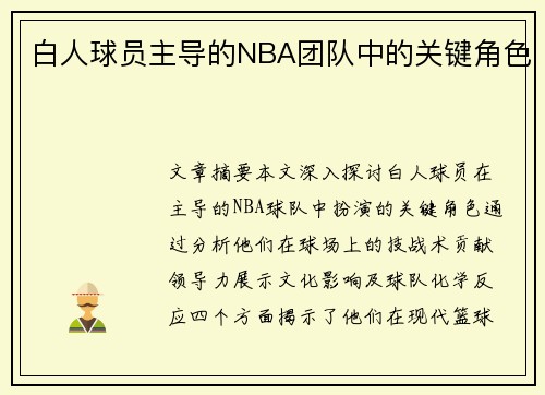 白人球员主导的NBA团队中的关键角色